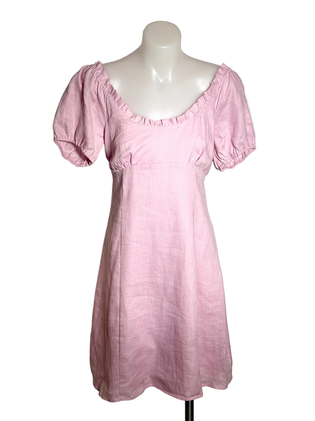 Forever New Linen Puff Sleeve Babydoll Dress in pink – view 2 of 5