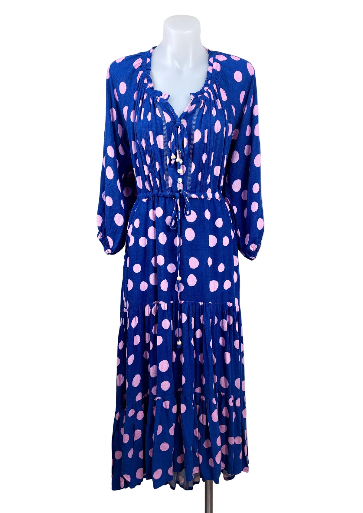 Salty Bright Polka Dot Tiered Midi Dress in navy & pink, size 10 – new at Second Signature