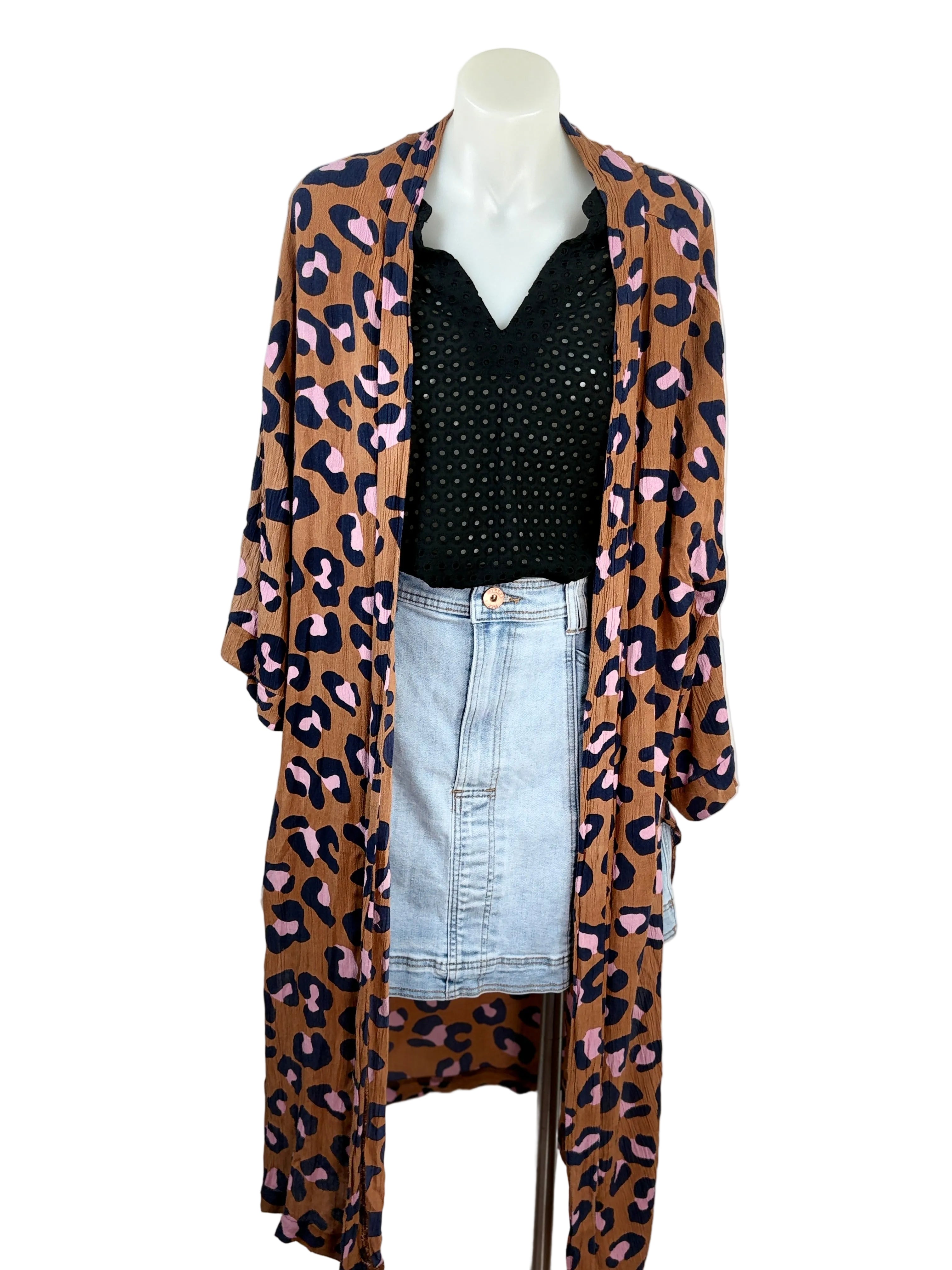 Ellis & Dewey | Leopard Print Longline Kimono | Tan, Navy & Blush | Size S