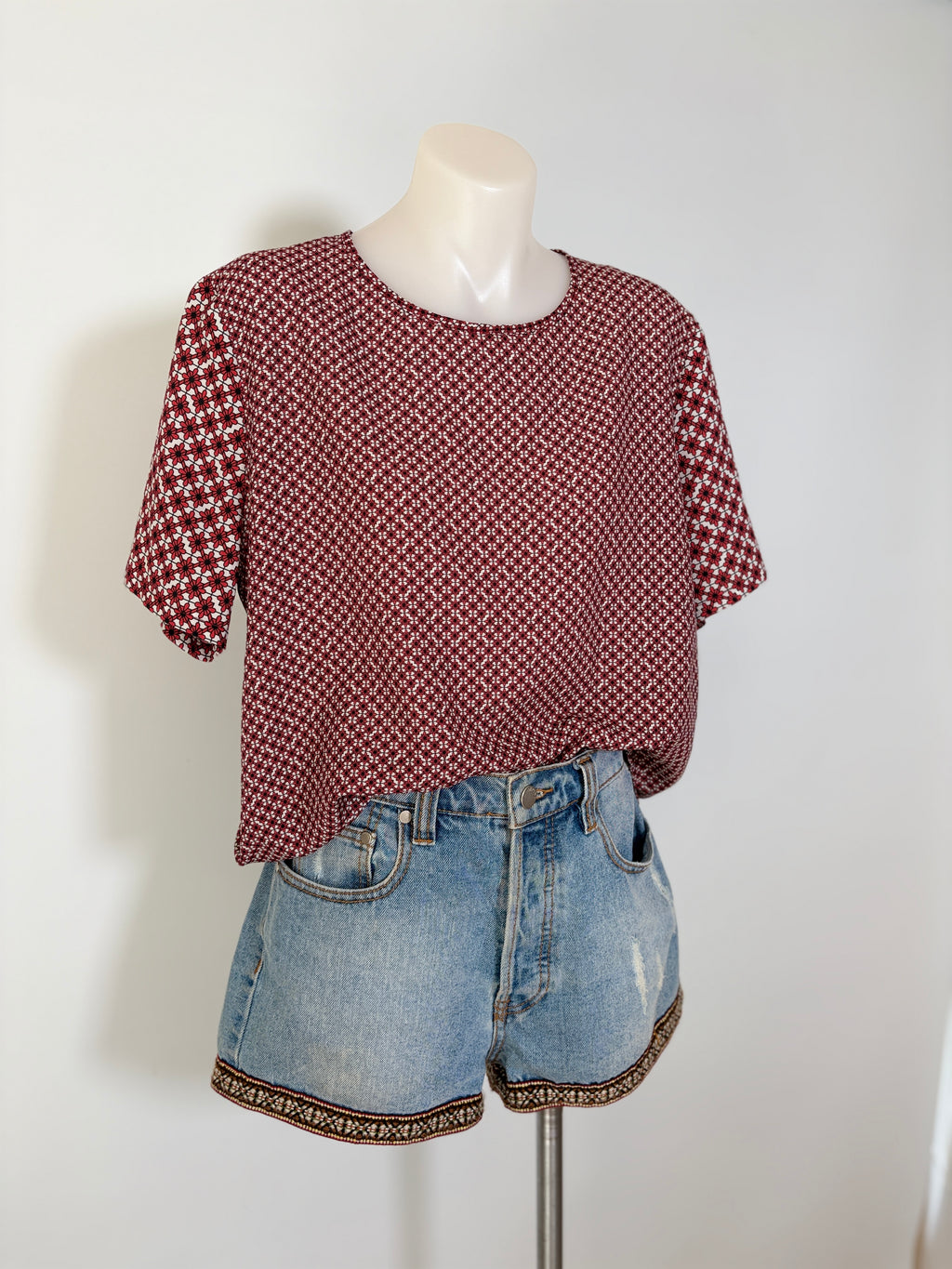 Bec + Bridge Geometric Print Boxy Top in burgundy & white – view 2 of 6