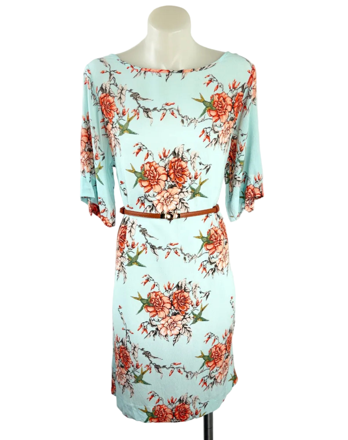 Leona Edmiston Ruby | Shift Dress Mint Floral & Hummingbird Print| Size XS