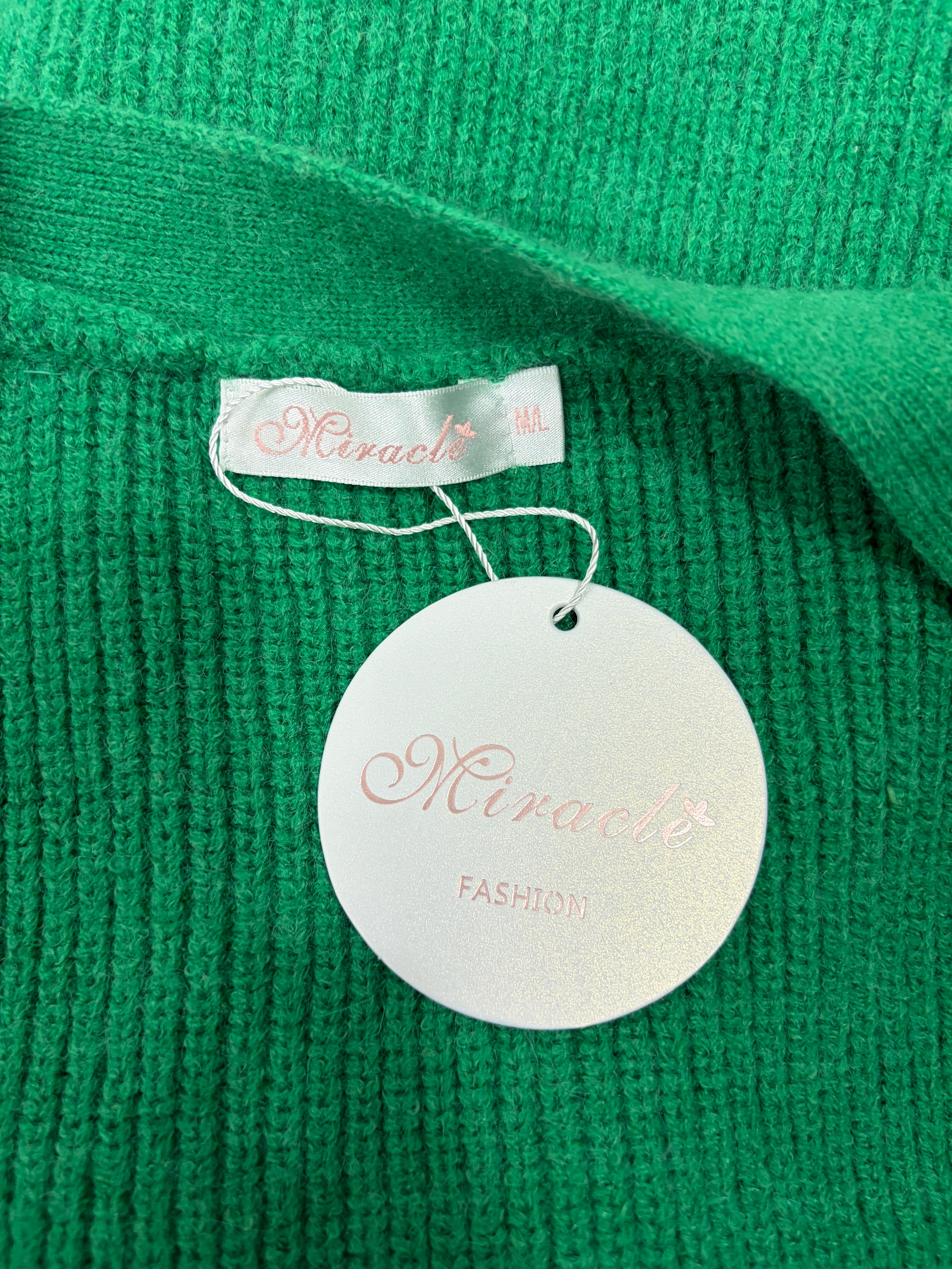 Miracle | Emerald Green Ribbed Knit Cardigan Dress | Double-Breasted Gold Buttons | Size M/L