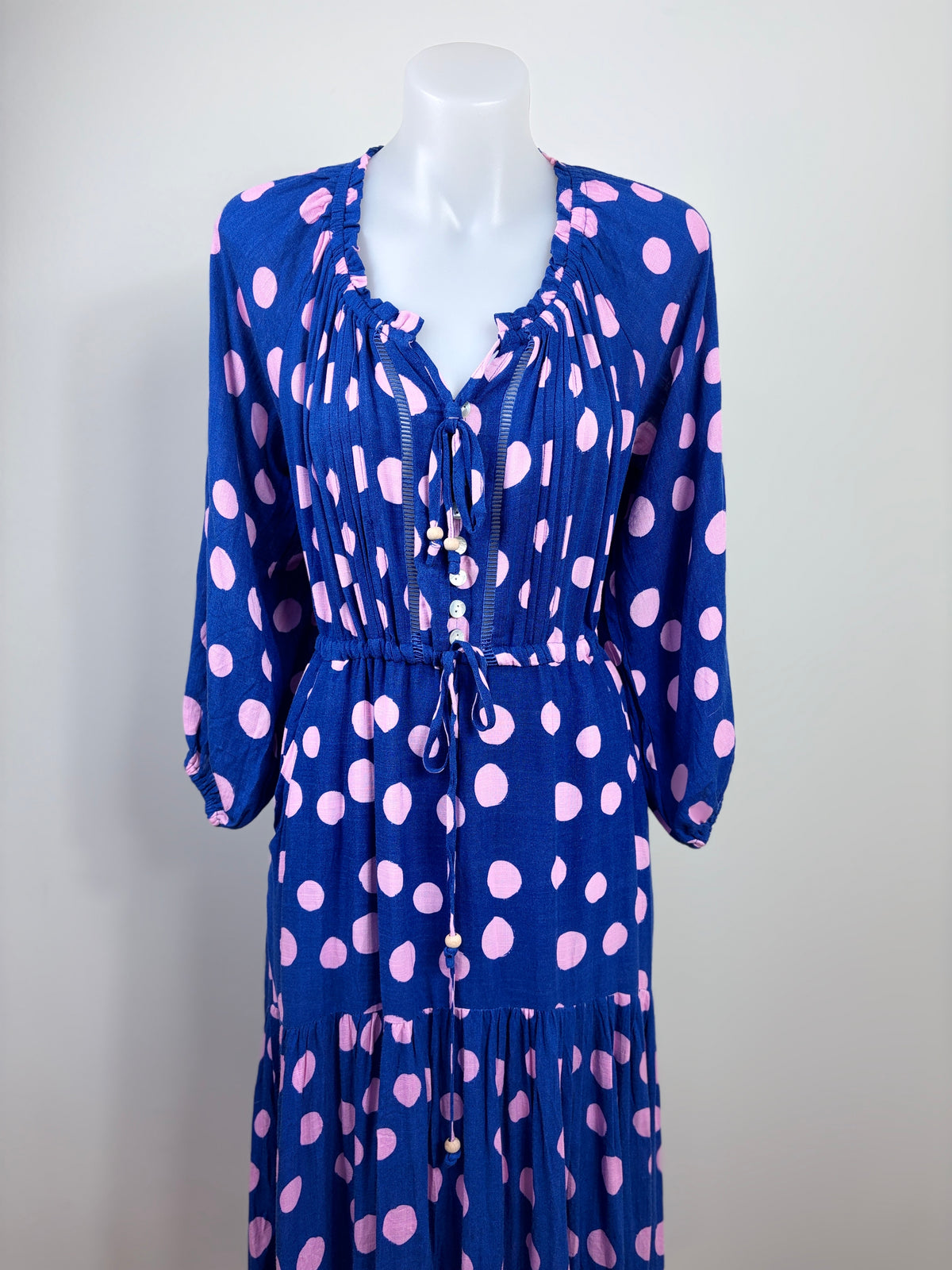 Salty Bright Polka Dot Tiered Midi Dress in navy & pink – view 5 of 5