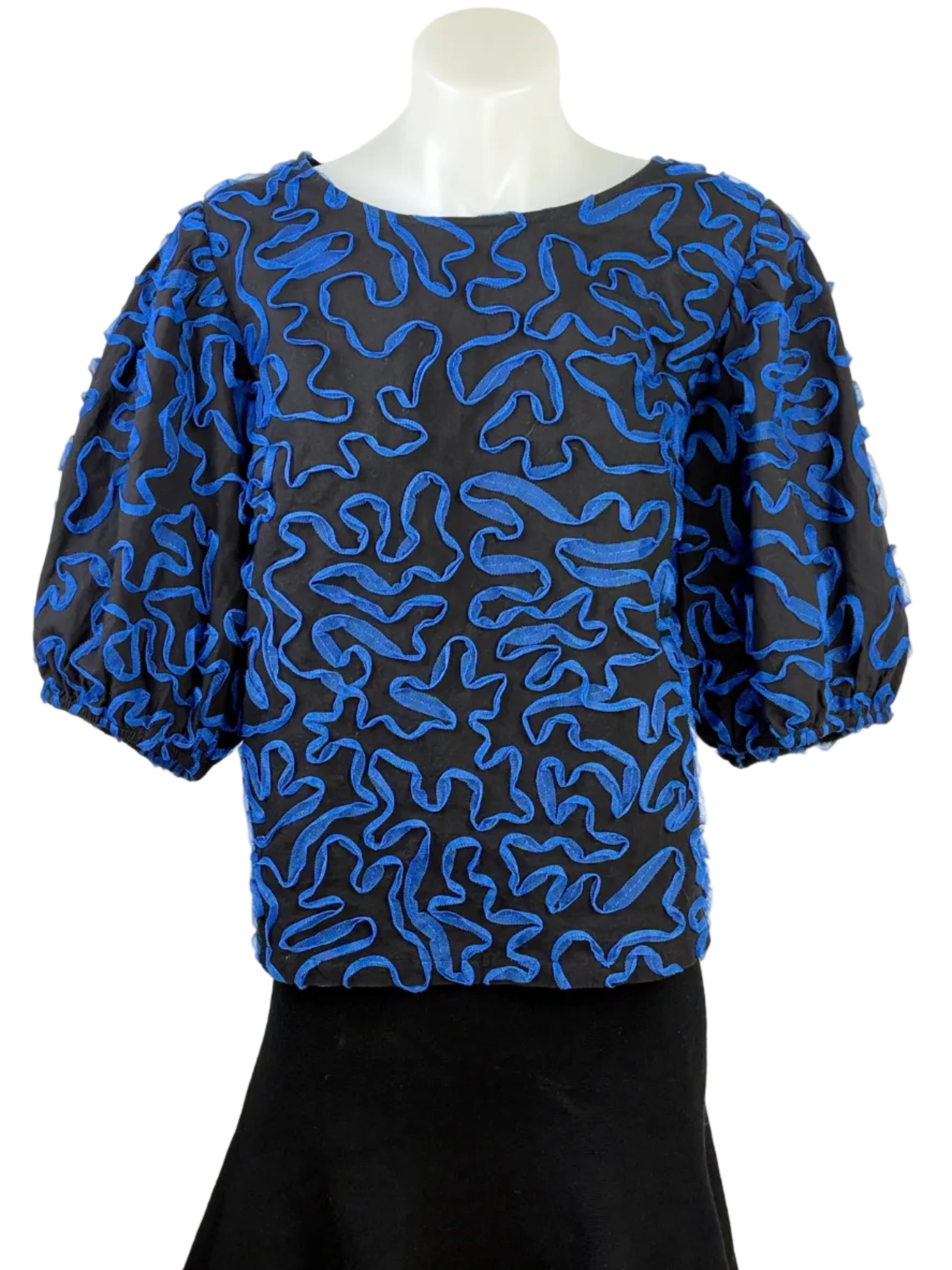 Gorman | Tulle Ribbon-Appliqué Puff Sleeve Top | Black & Cobalt | Size 10
