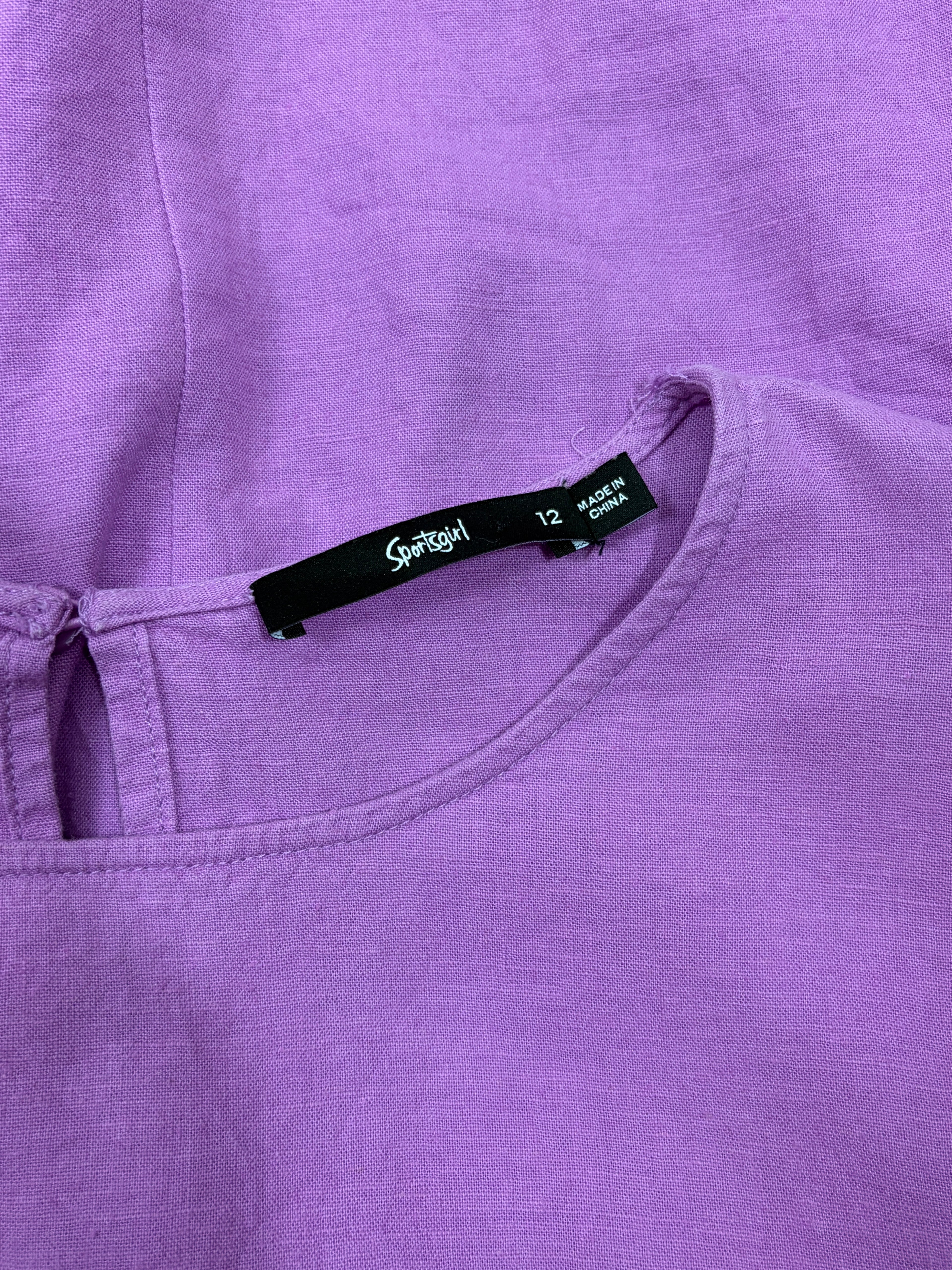 Purple Cropped Balloon Sleeved Linen Blend Top