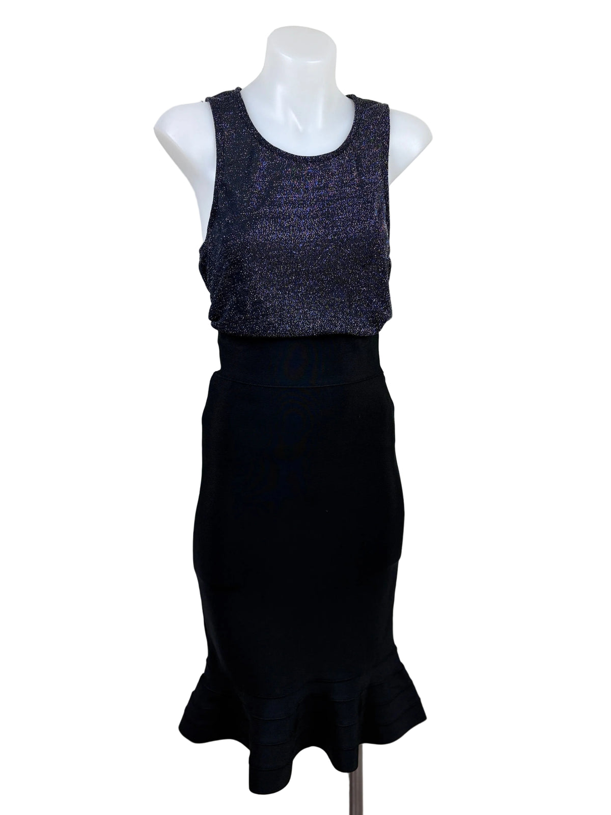 Dotti Scalloped Hem Metallic Knit Tank styled with BCBG Max Azria Bandage-Style Peplum Hem Midi Skirt