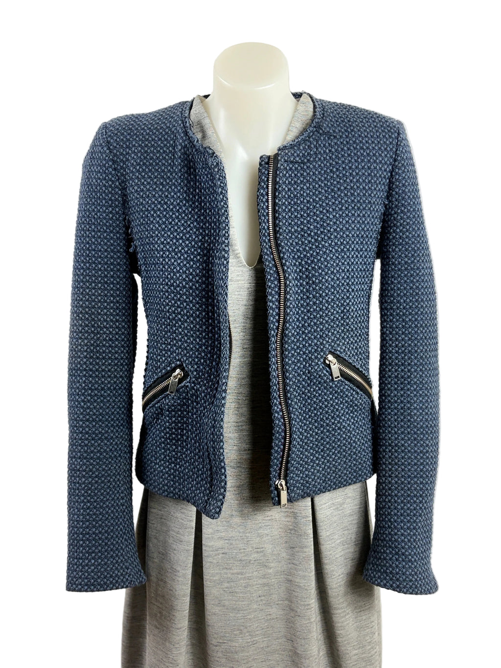 Zara | Collarless Basketweave Tweed Jacket | Navy | Size S