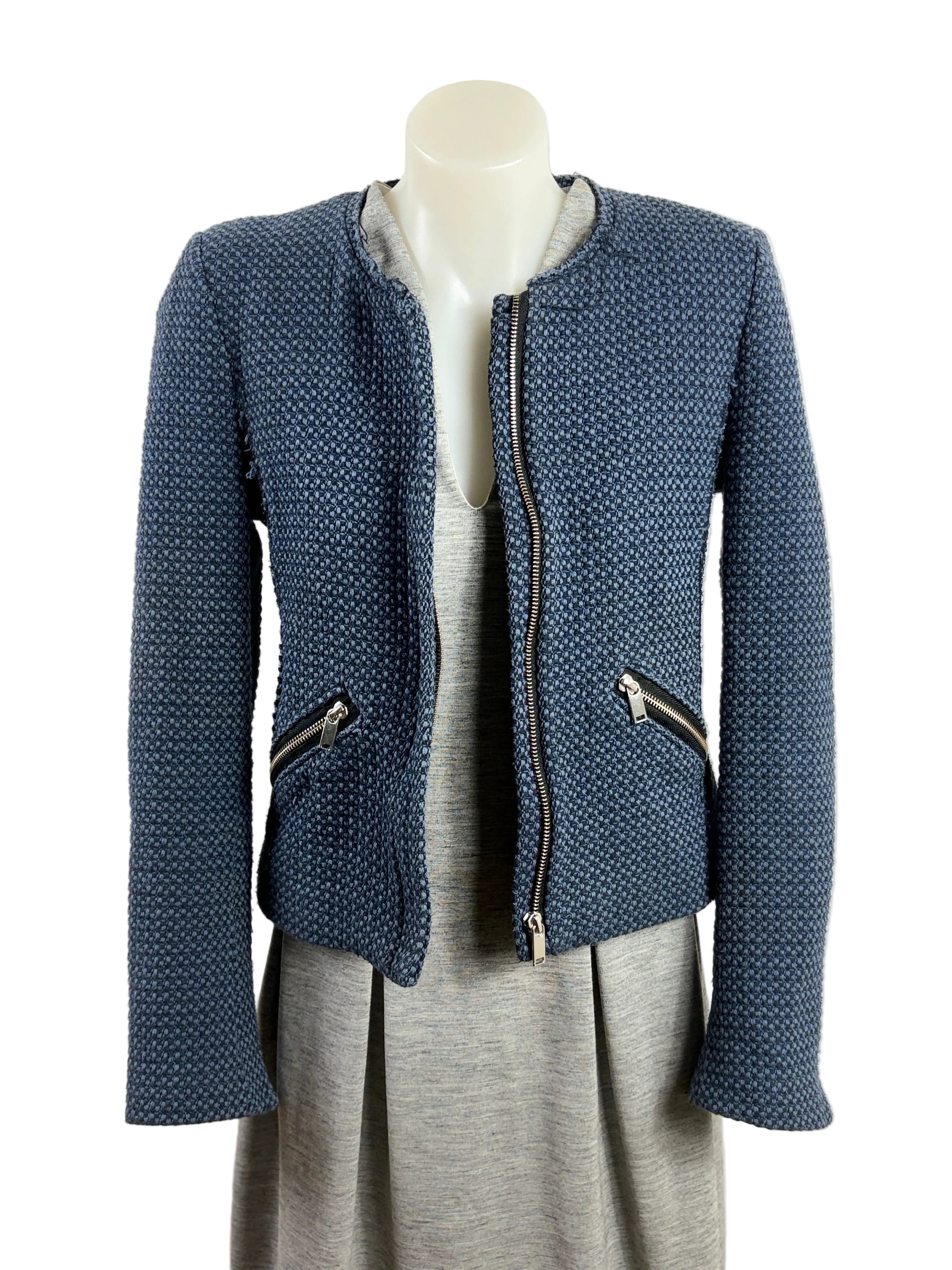 Zara | Collarless Basketweave Tweed Jacket | Navy | Size S