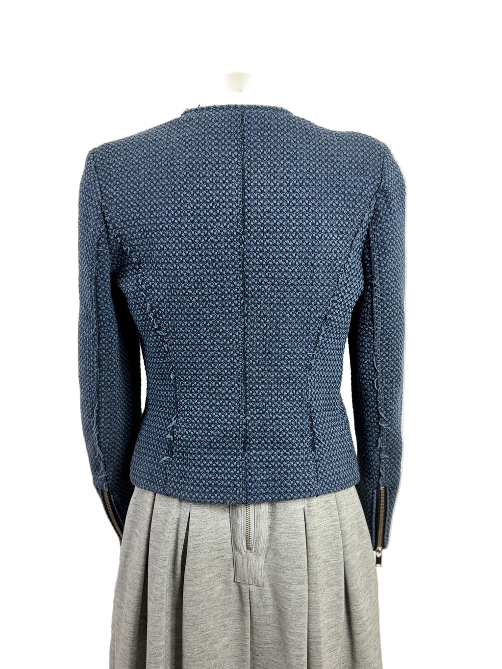 Zara | Collarless Basketweave Tweed Jacket | Navy | Size S
