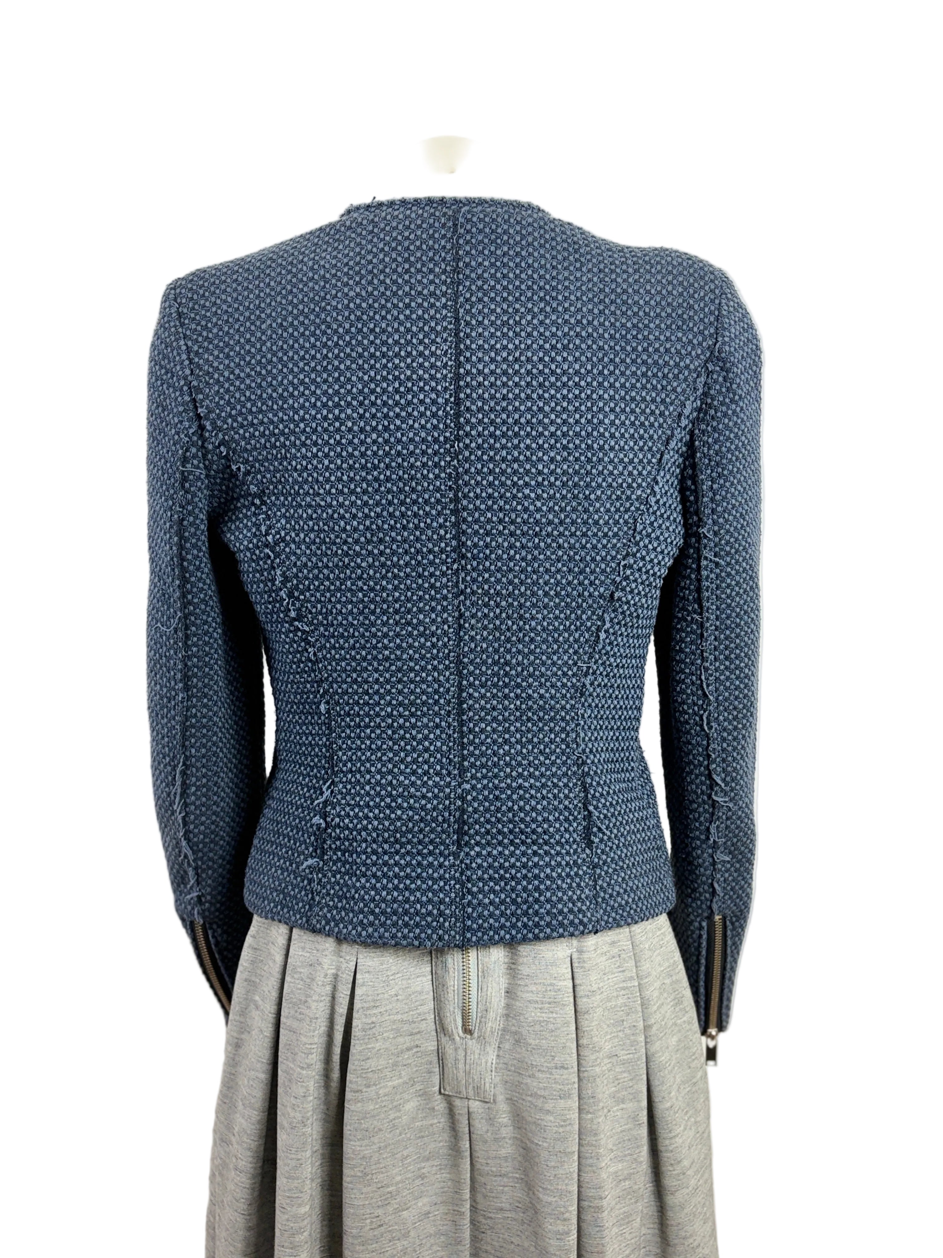 Zara | Collarless Basketweave Tweed Jacket | Navy | Size S