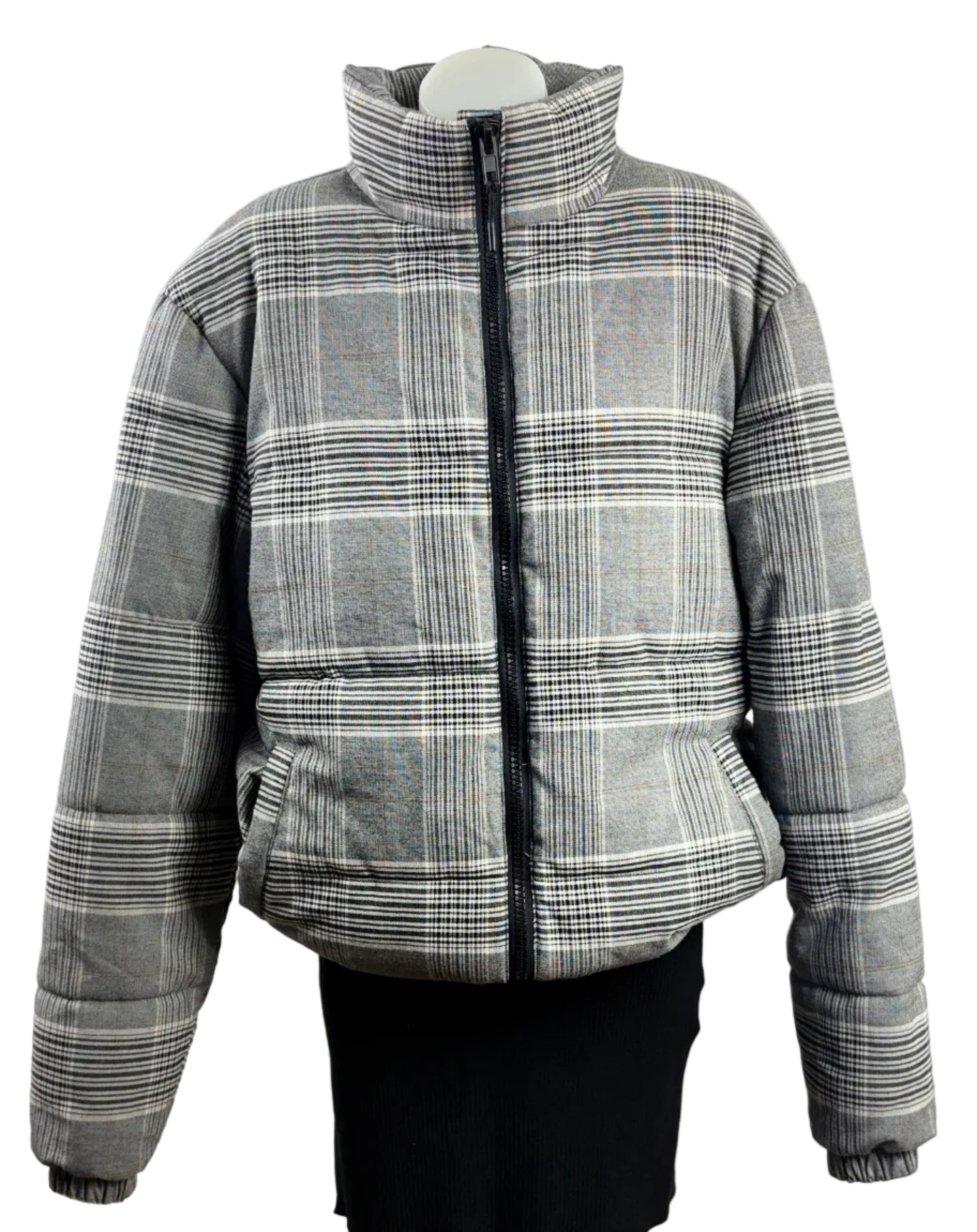 Cotton On | Oversized Check Puffer Jacket | Grey Multi | Size S