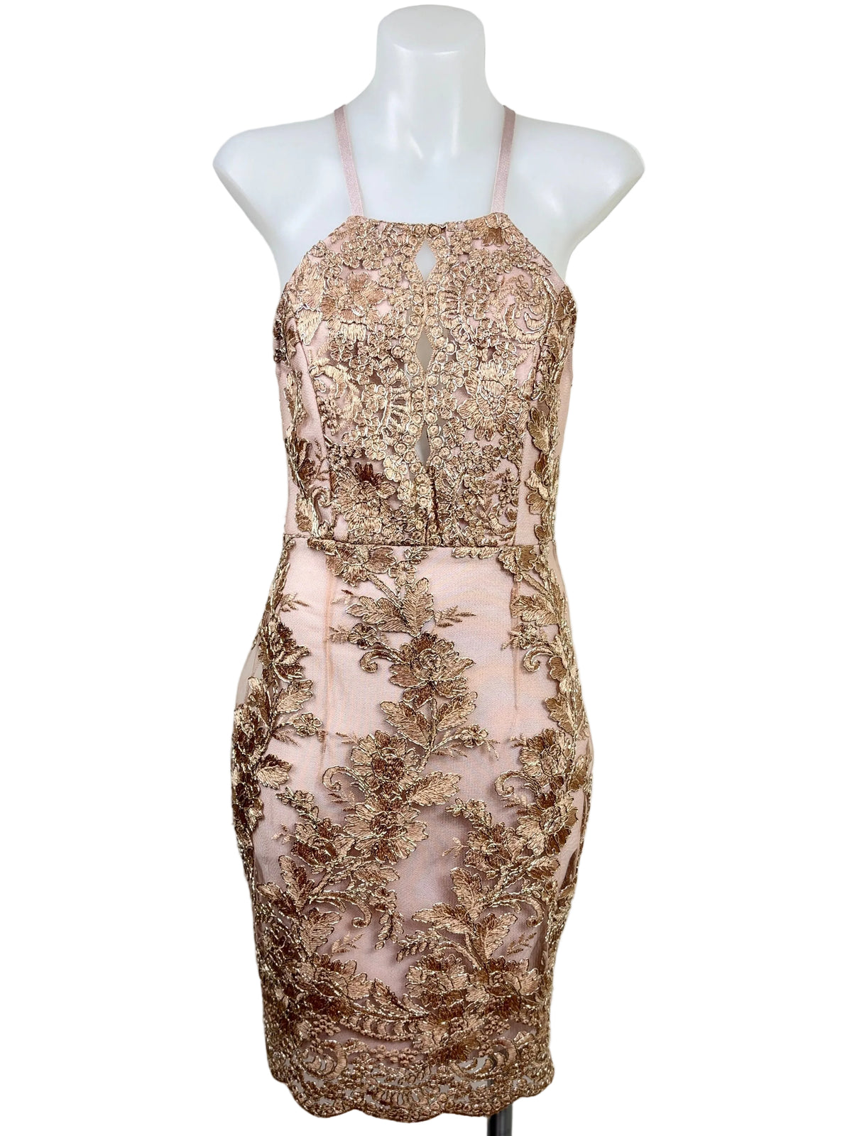 BCBG Max Azria | Metallic Floral Embroidered Lace Sheath Dress | Blush & Gold | Size S