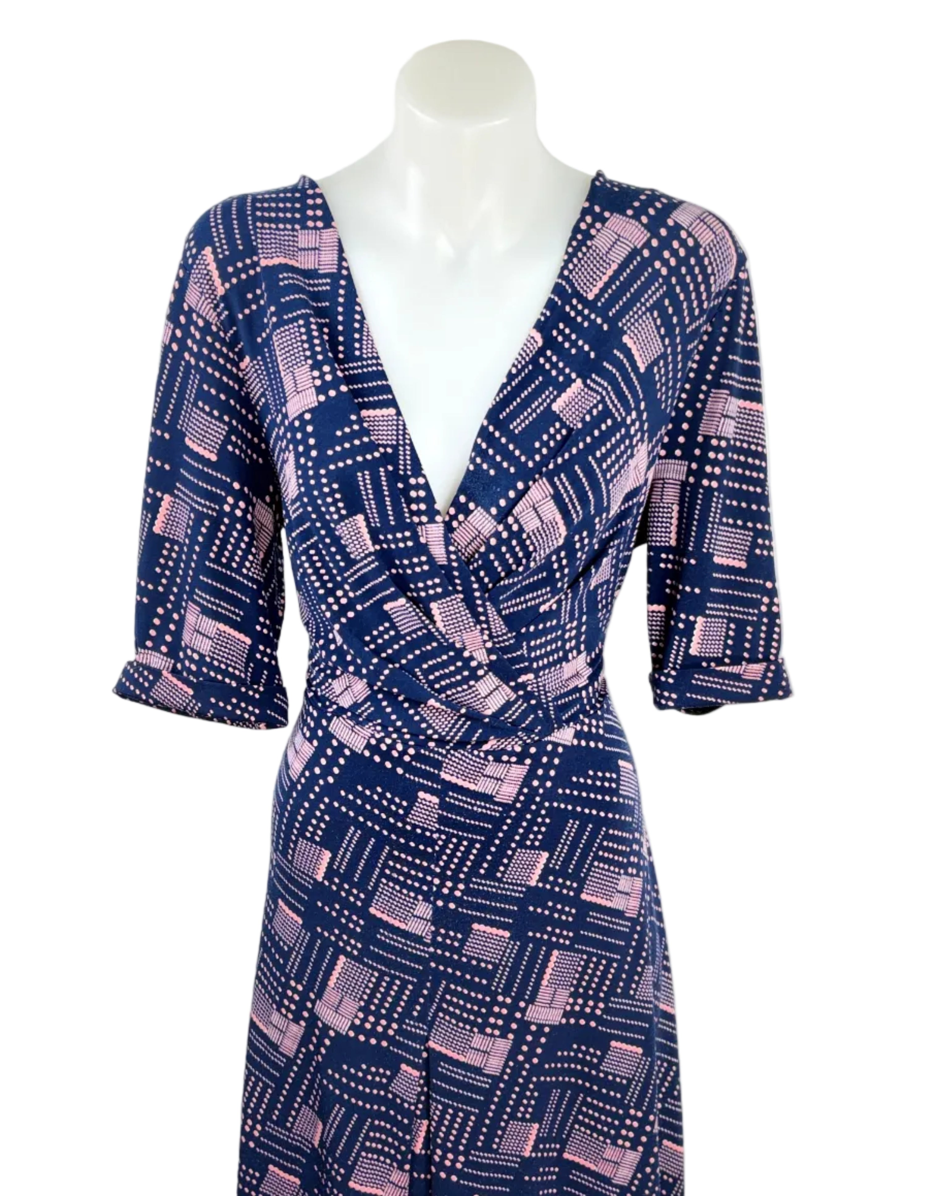 Leona Edmiston | Navy & Pink Geometric Print Wrap Dress | Size 10