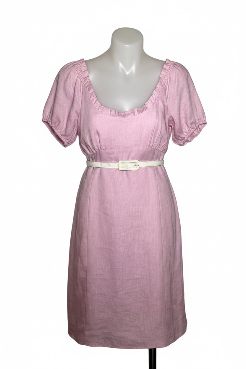 Forever New Linen Puff Sleeve Babydoll Dress in pink, size S – preloved at Second Signature