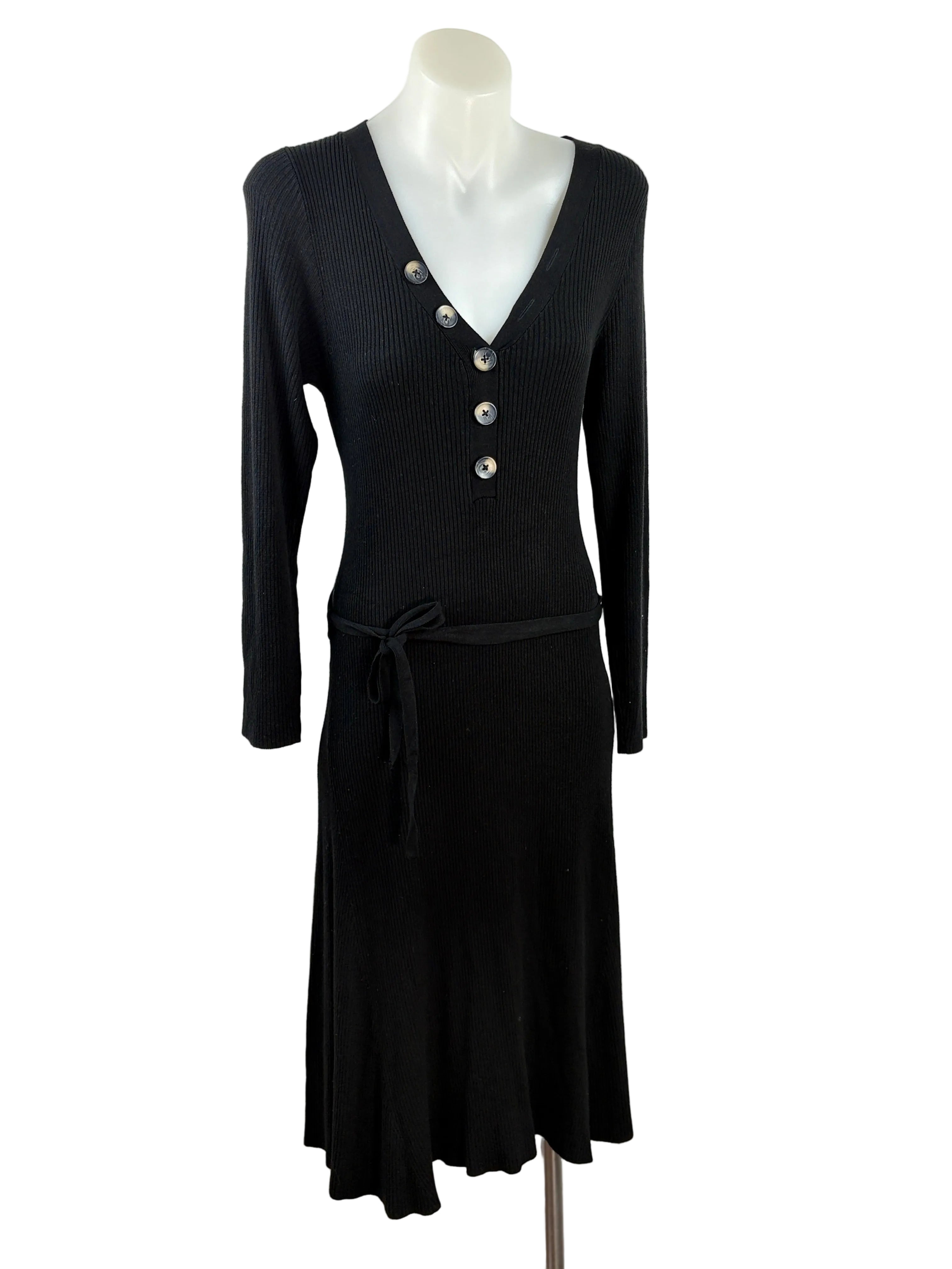 Next | Ribbed Button-Front Knit Dress | Black — Size 10