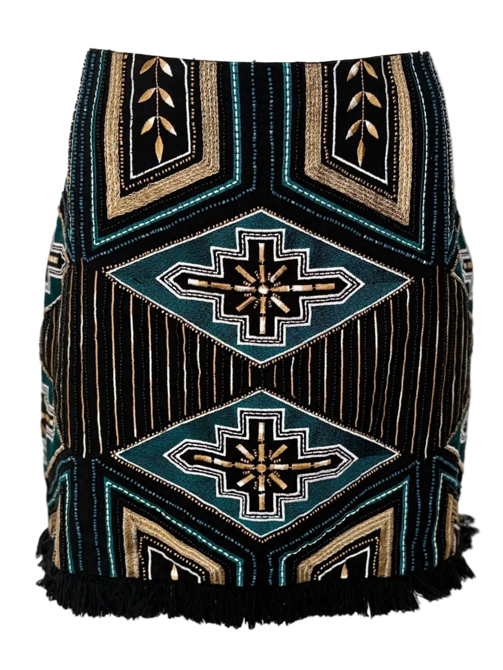 H&M Beaded Embroidered Fringe Mini Skirt in black, teal & gold – view 3 of 7