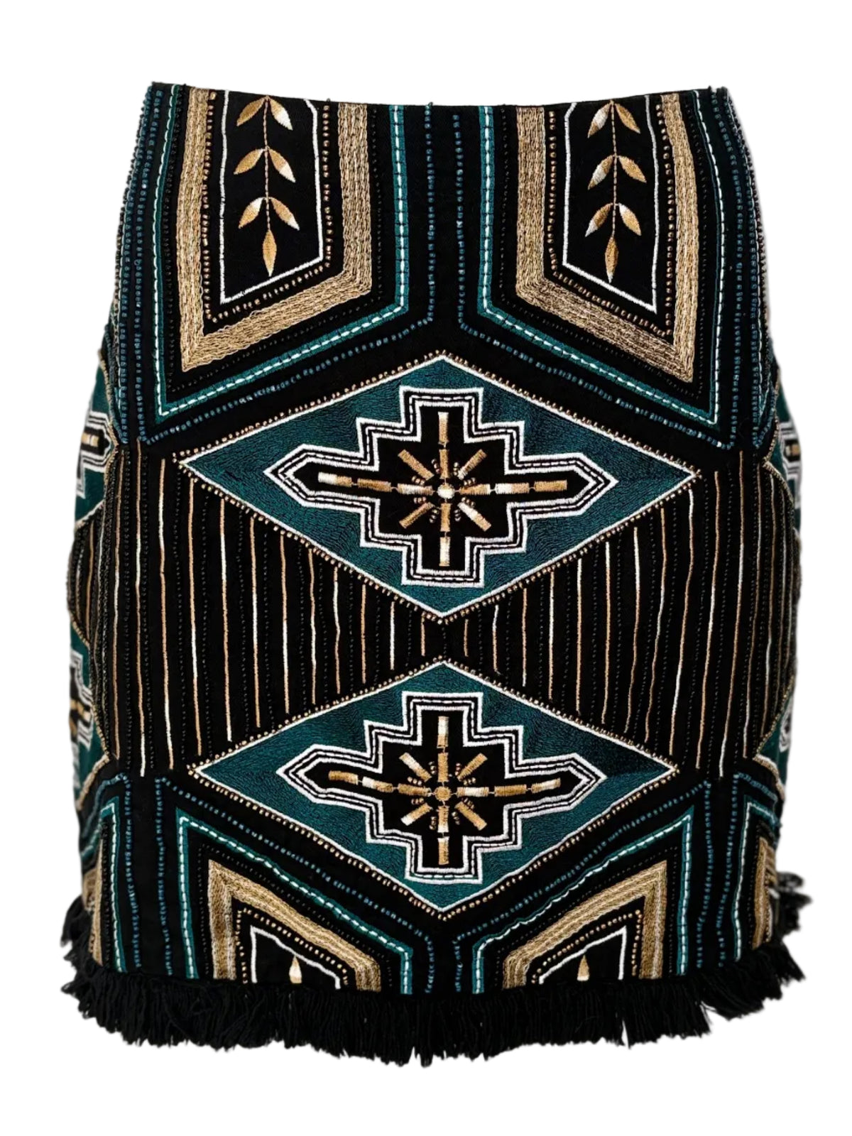 H&M Beaded Embroidered Fringe Mini Skirt in black, teal & gold – view 3 of 7