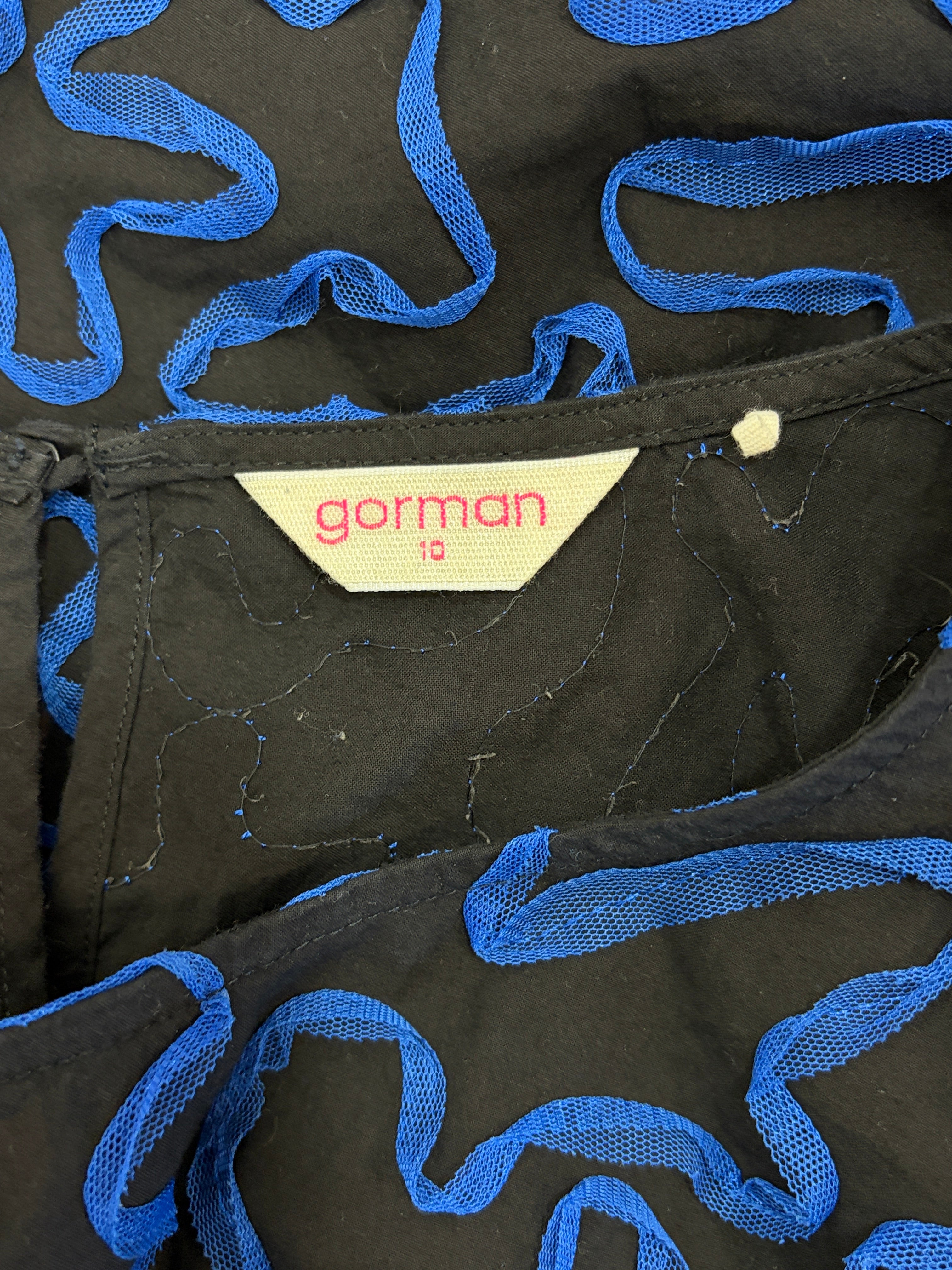 Gorman | Tulle Ribbon-Appliqué Puff Sleeve Top | Black & Cobalt | Size 10