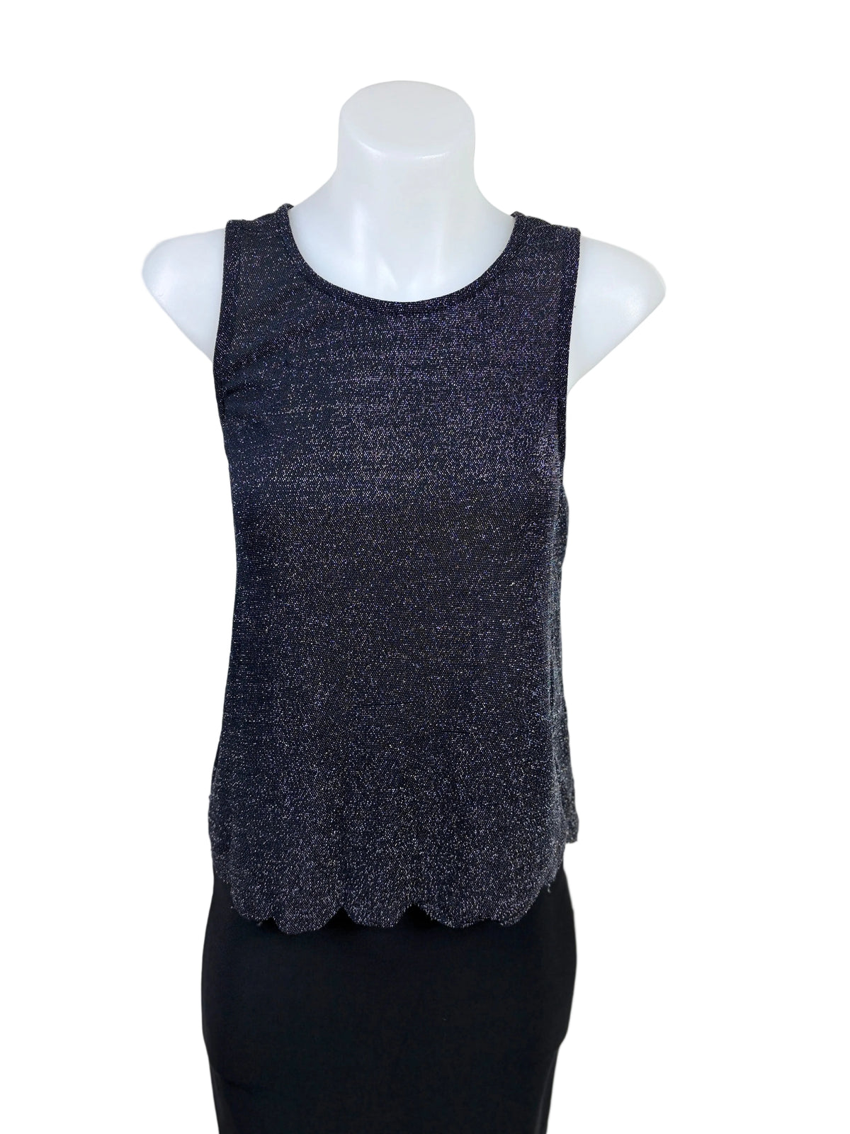 Dotti Scalloped Hem Metallic Knit Tank in navy glitter, size S – preloved at Second Signature