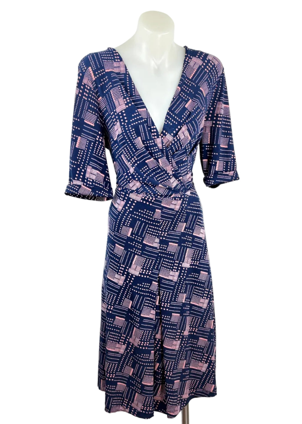 Leona Edmiston | Navy & Pink Geometric Print Wrap Dress | Size 10
