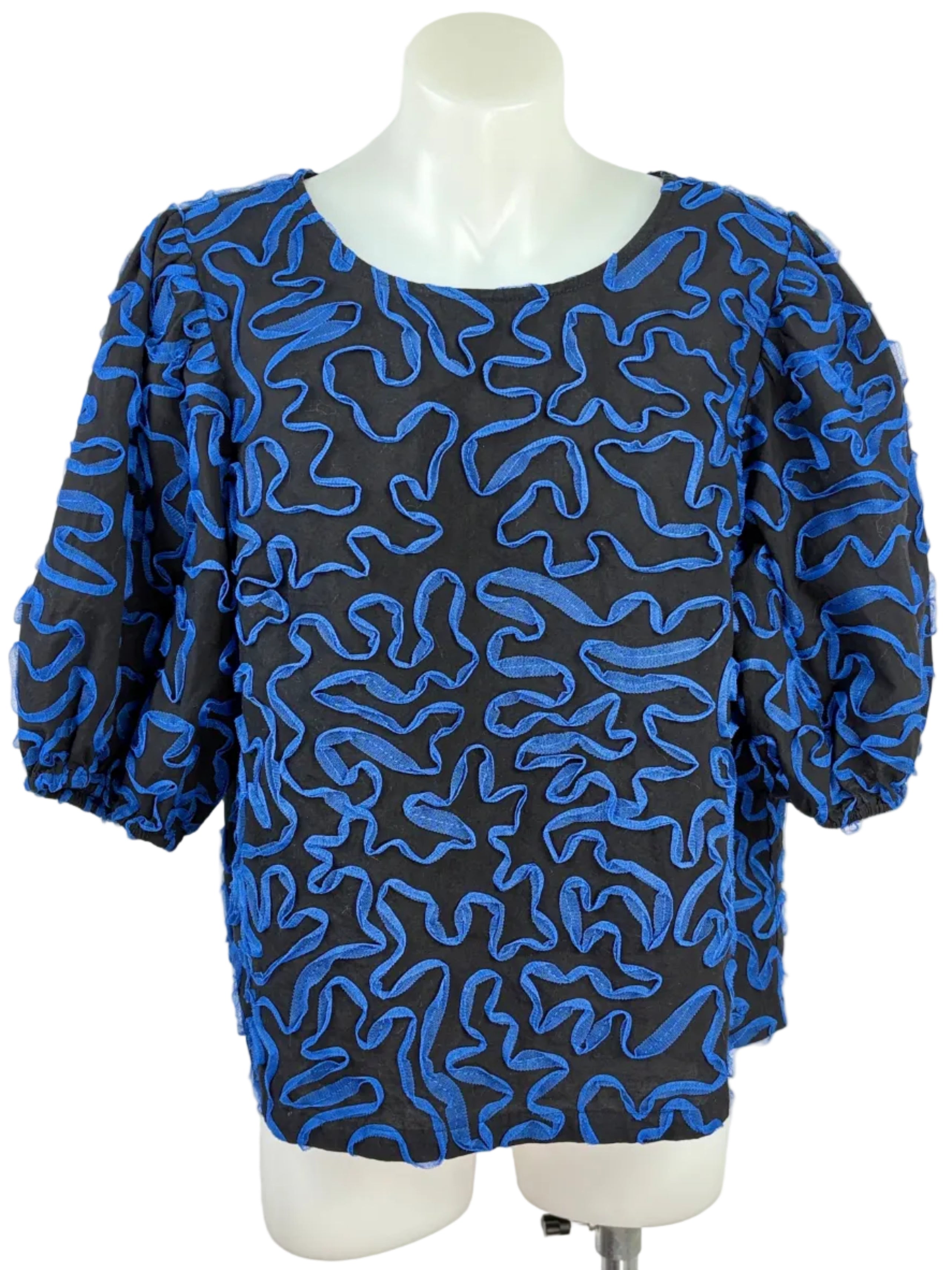 Gorman | Tulle Ribbon-Appliqué Puff Sleeve Top | Black & Cobalt | Size 10