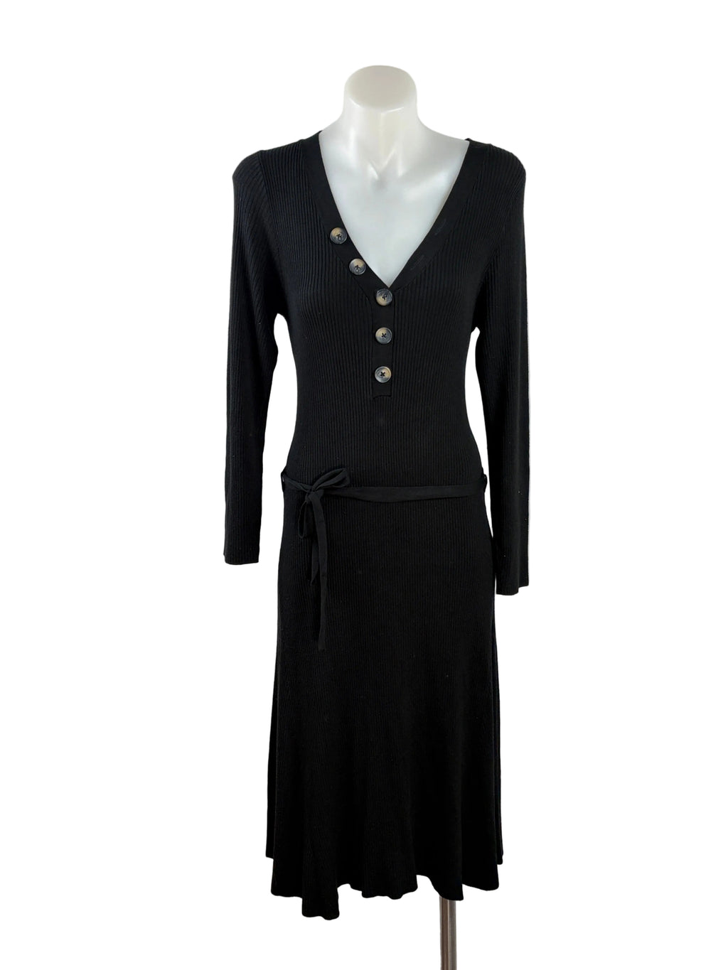 Next | Ribbed Button-Front Knit Dress | Black — Size 10