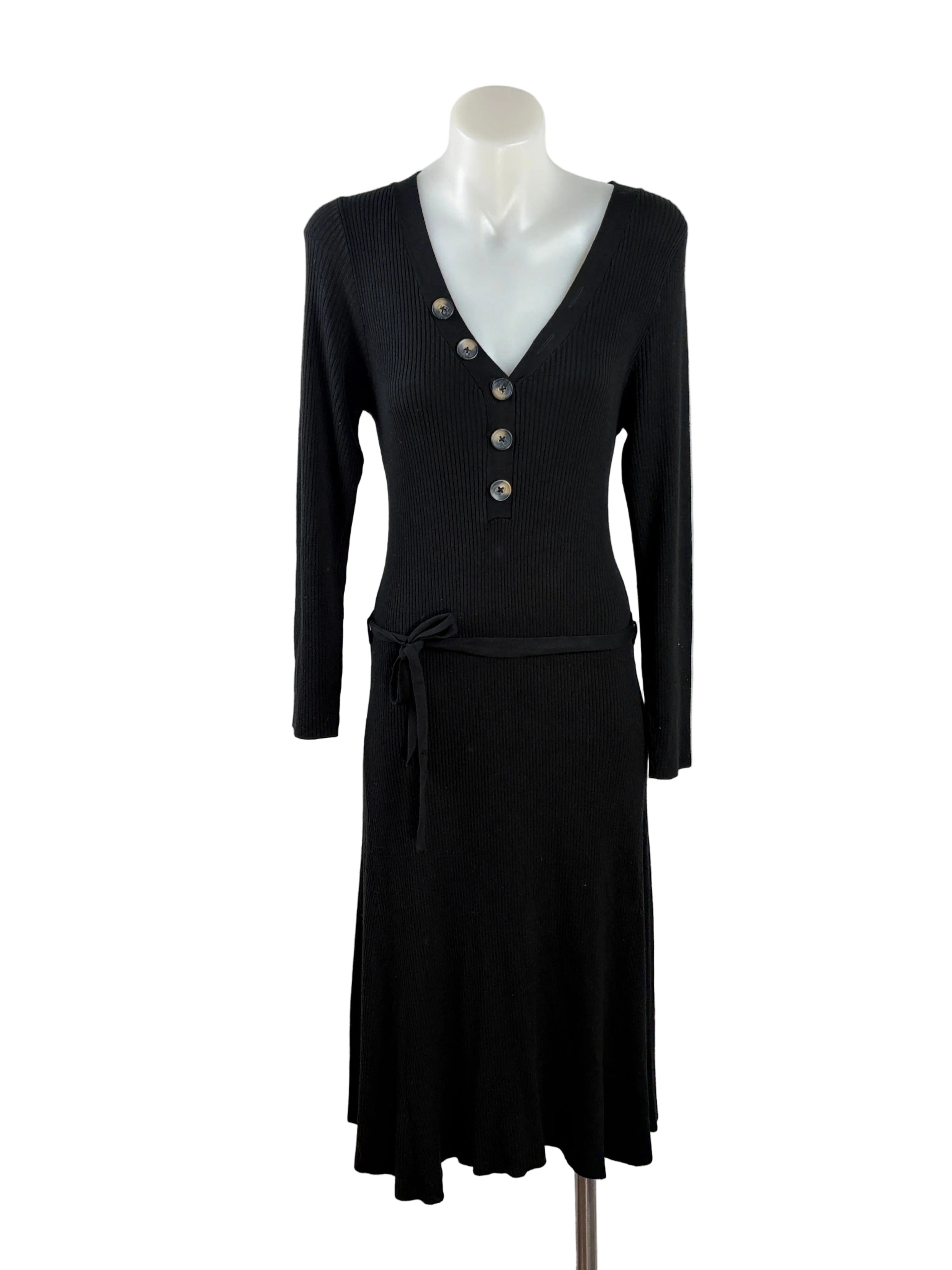 Next | Ribbed Button-Front Knit Dress | Black — Size 10
