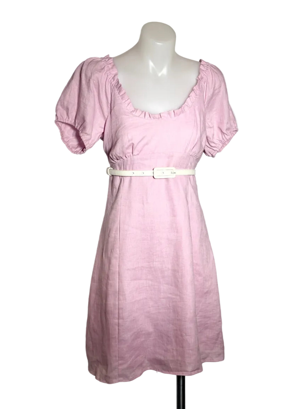 Forever New Linen Puff Sleeve Babydoll Dress in pink – view 4 of 5