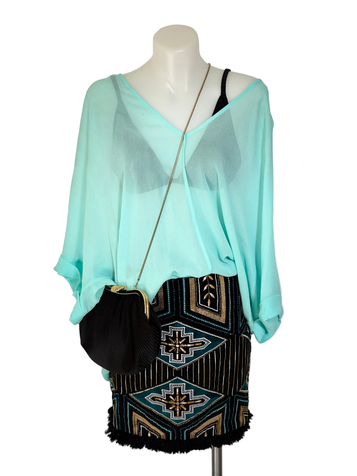 H&M Beaded Embroidered Fringe Mini Skirt in black, teal & gold, size 8 – preloved at Second Signature