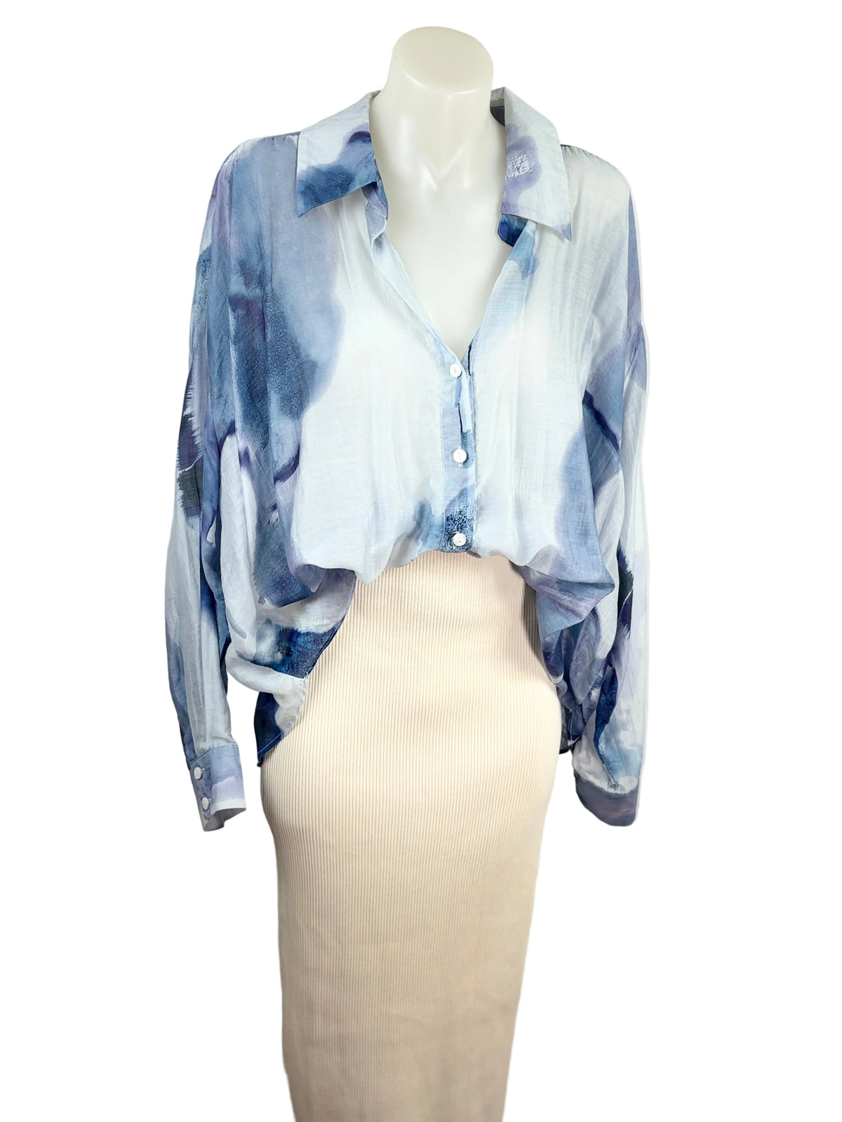 Catalog | Watercolour Print Long Sleeve Shirt | Blue & White | Size 14