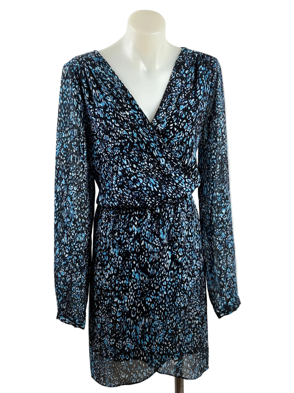 Portmans | Wrap-Style Long Sleeve Mini Dress | Blue Animal Print | Size 10