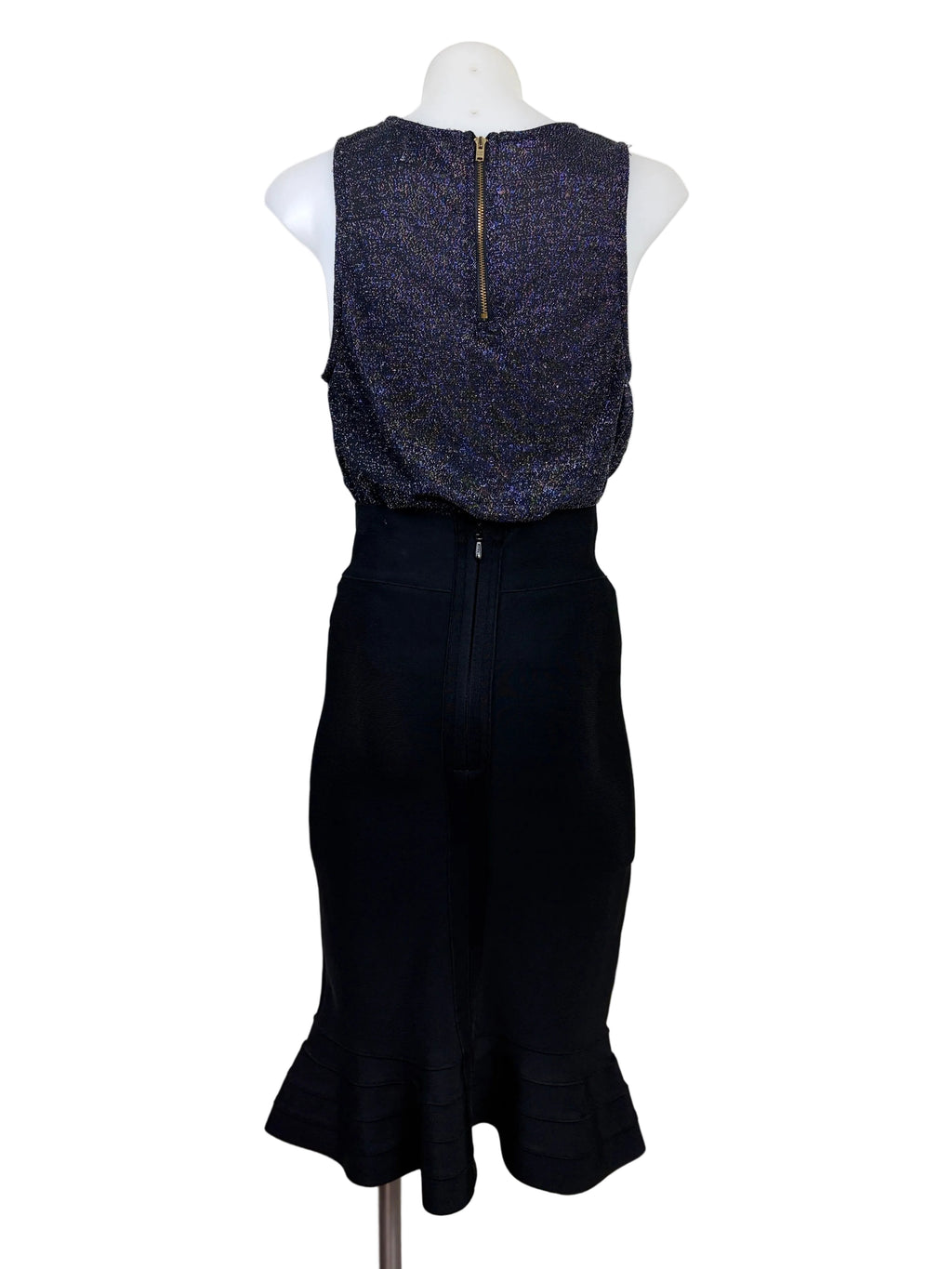 Dotti Scalloped Hem Metallic Knit Tank styled with BCBG Max Azria Bandage-Style Peplum Hem Midi Skirt
