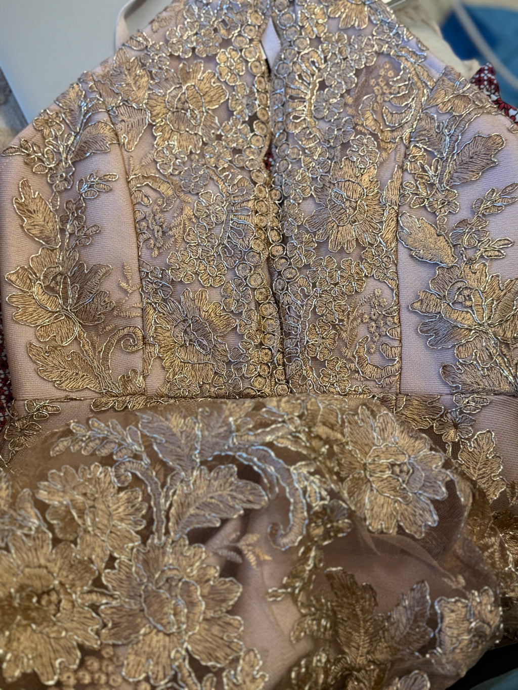 BCBG Max Azria | Metallic Floral Embroidered Lace Sheath Dress | Blush & Gold | Size S