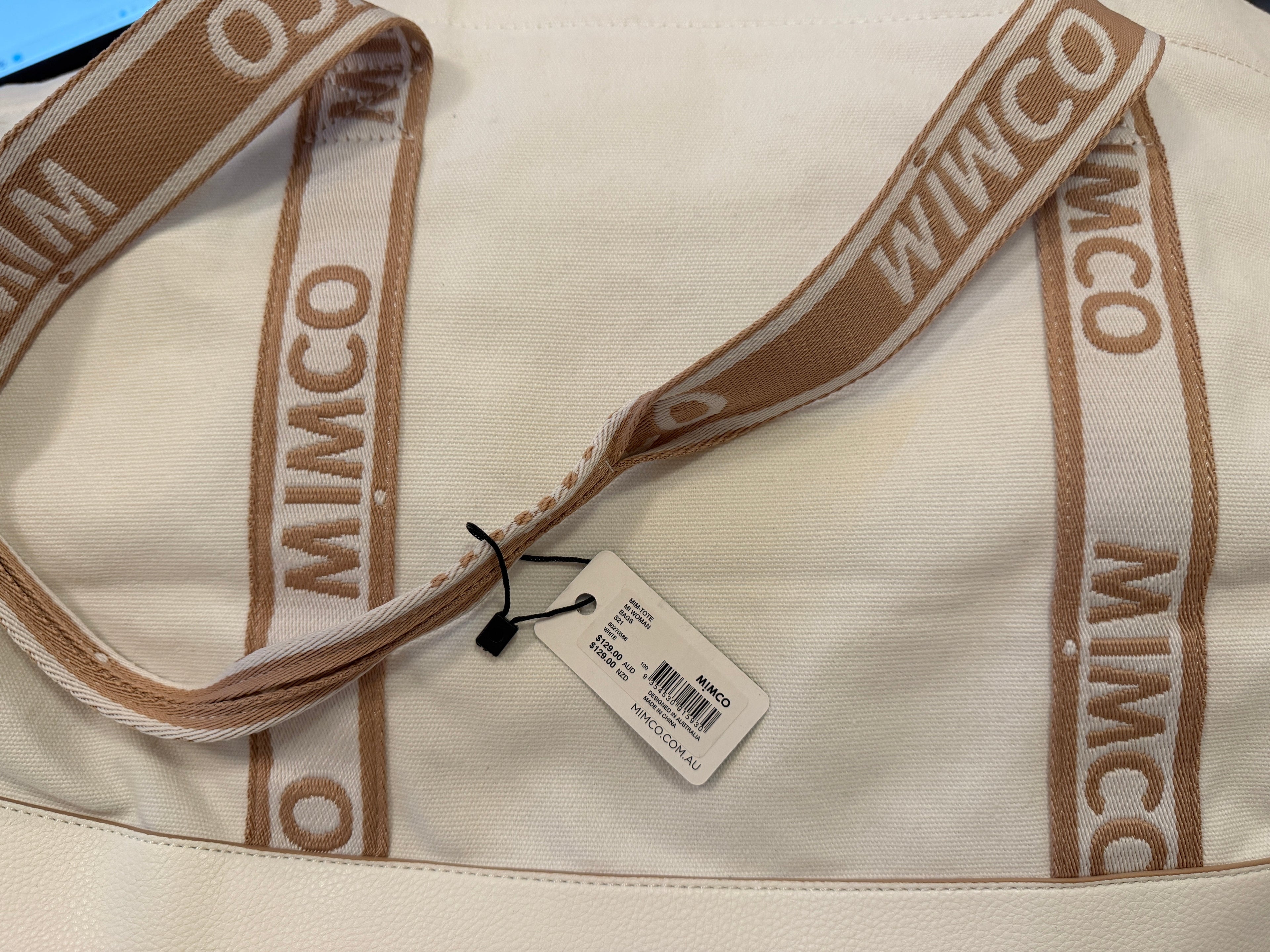 Mimco | Canvas Logo Tote Bag | White & Blush — BNWT