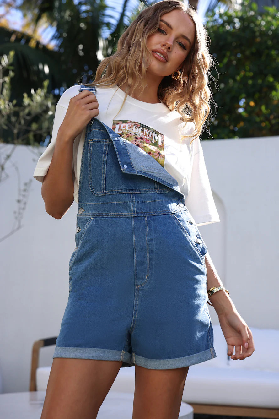 Lee Denim | Classic Cuffed Denim Overalls | Mid Blue Wash | Size 18