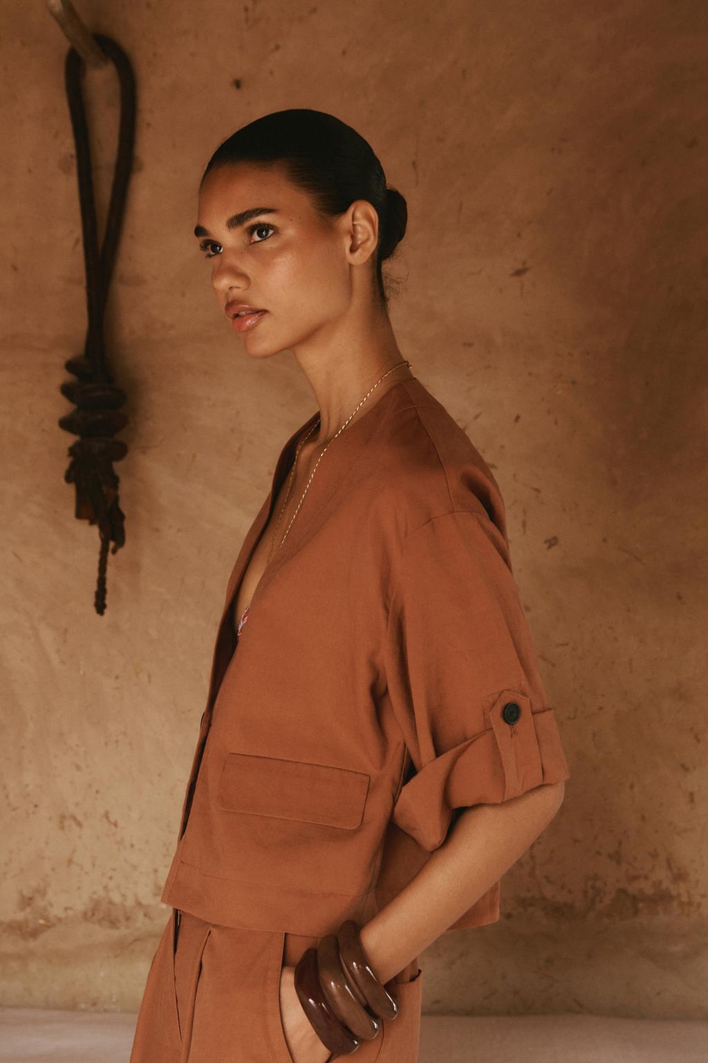Zara | Cropped V-Neck Jacket | Rust | Size M